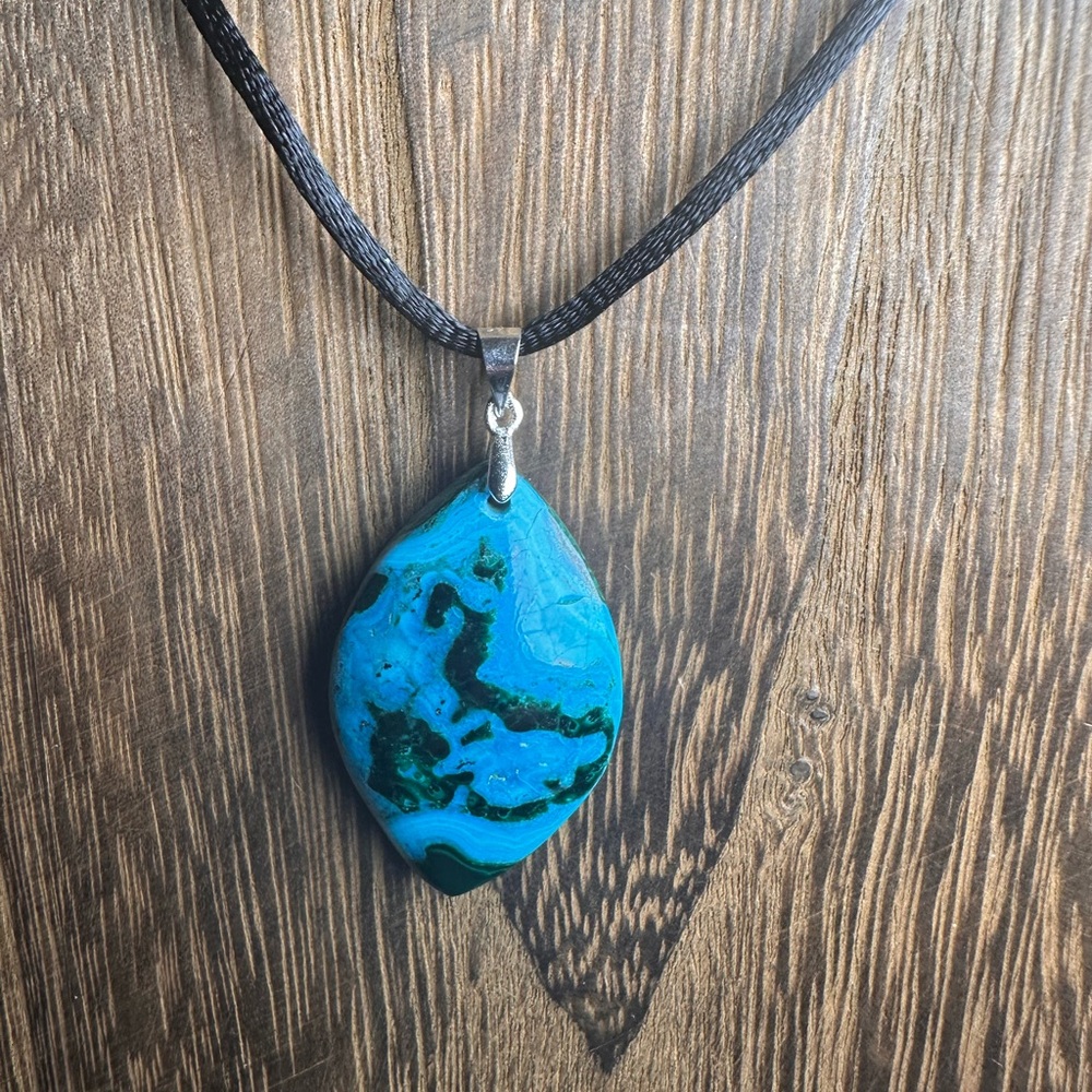 Chrysocolla Teardrop Pendant Necklace on Black Rope - Picture 6 of 14